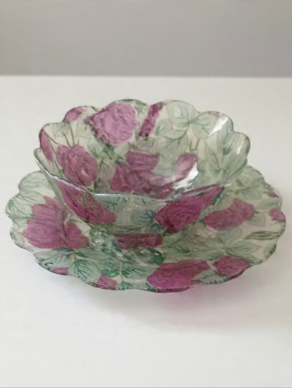 Vintage Pink Rose Floral Glass Bowl & Plate Set Scalloped Cottagecore
